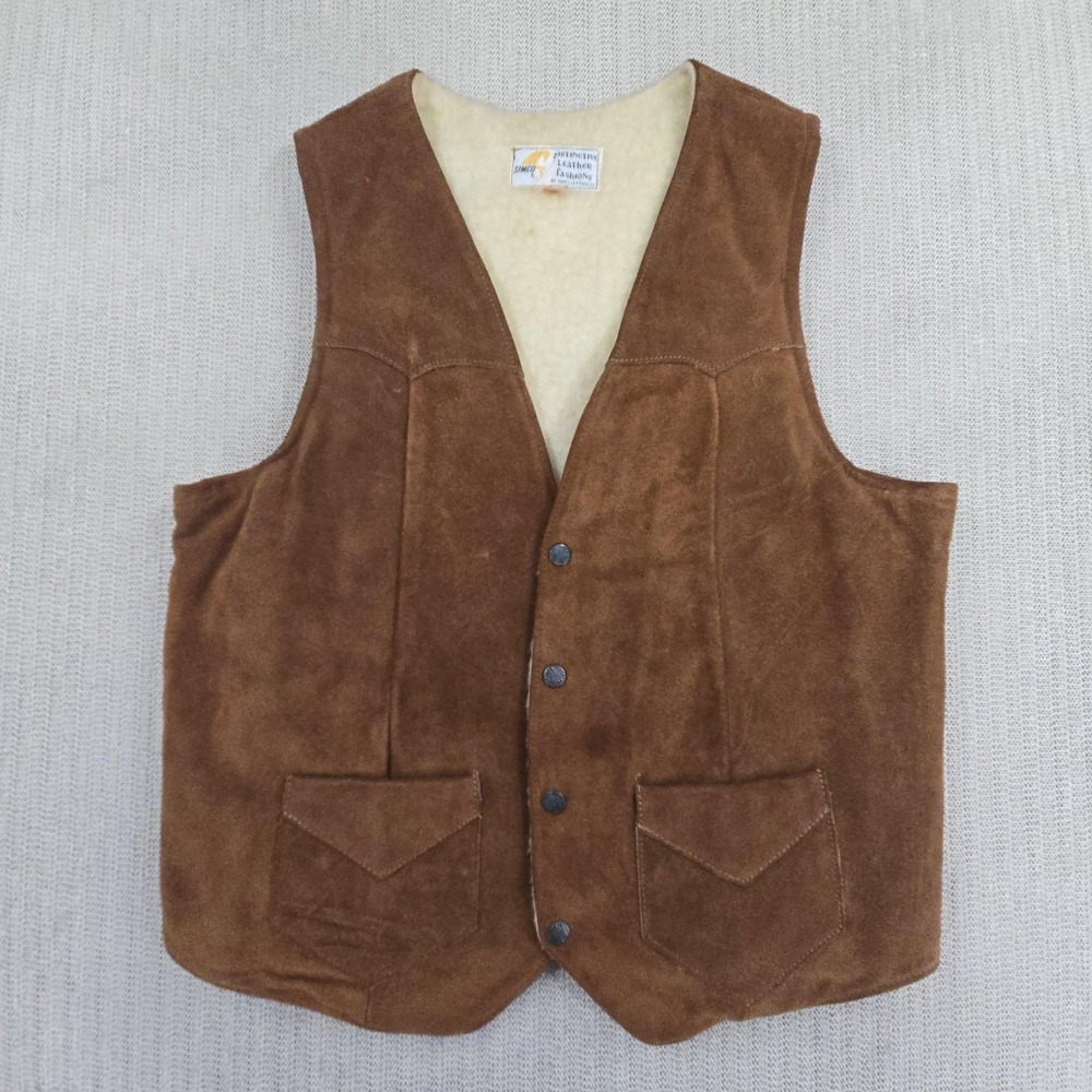 Vintage Simco Vest Mens 44 Large Brown Leather Sherpa Lined Snap Western Cowboy